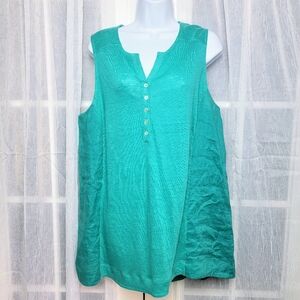 J Jill Love Linen Henley Tunic Sleeveless Sz L Teal Beachy Lightweight Coastal